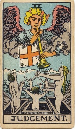 Das Gericht: Ein Engel bläst aus den Wolken eine Posaune mit einer Kreuzfahne, unten erheben sich Männer, Frauen und Kinder mit offenen Armen aus Särgen, die auf dem Wasser treiben.
