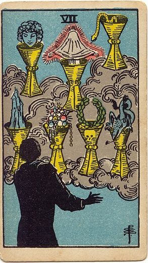 Sieben der Kelche: Eine Gestalt von hinten steht vor sieben Kelchen in den Wolken, in denen ein Kopf, eine verhüllte Figur, eine Schlange, eine Burg, Schmuck, ein Kranz und ein Drache erscheinen.